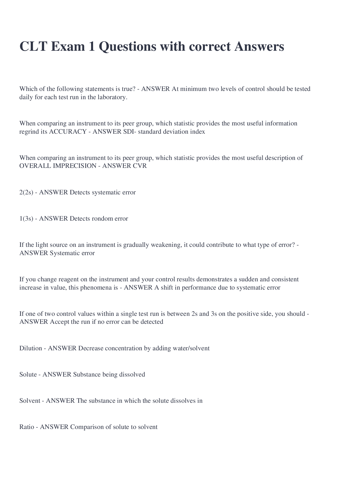 Preview image of CLT Exam 1 Questions with correct Answers document